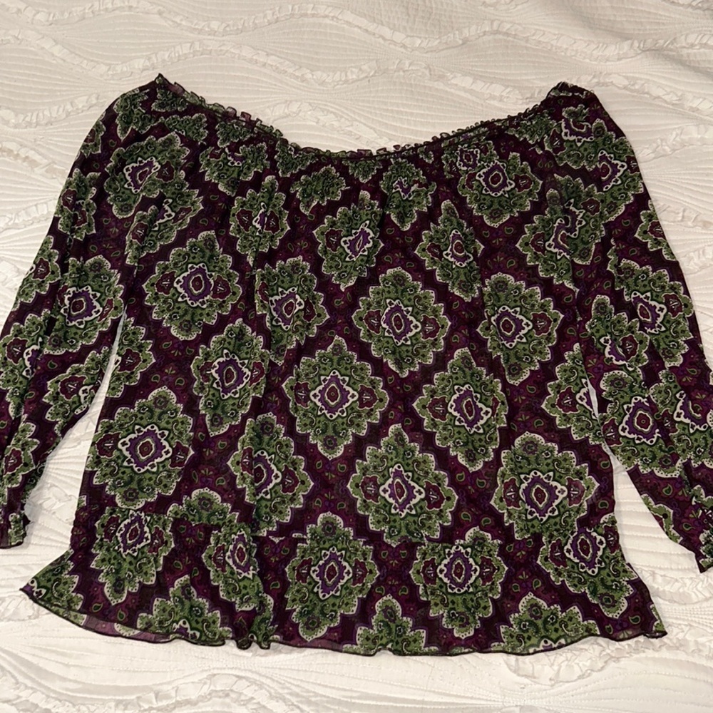 purple & green patterned off-shoulder mesh top